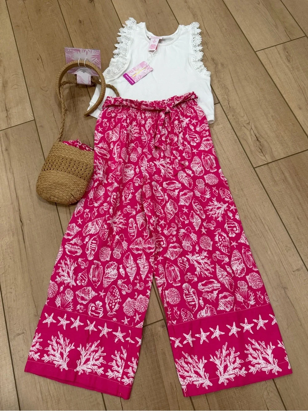Tommy Bahama Girls Shell Print Wide-Leg Pants Outfit (matching purse & headband)